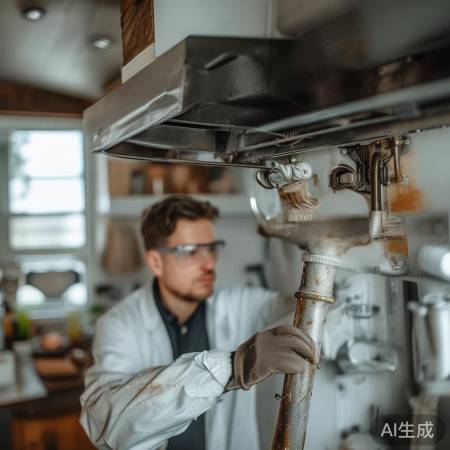 拆油烟机导油管，小心勿损部件。